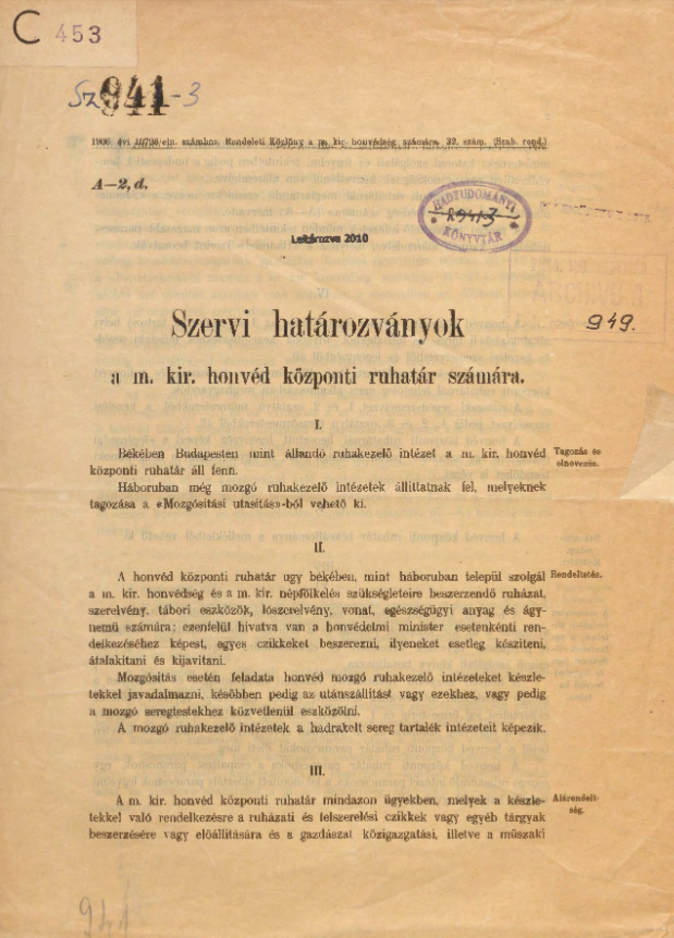 Szervi határozványok a m. kir. honvéd központi ruhatár számára: A-2, d.