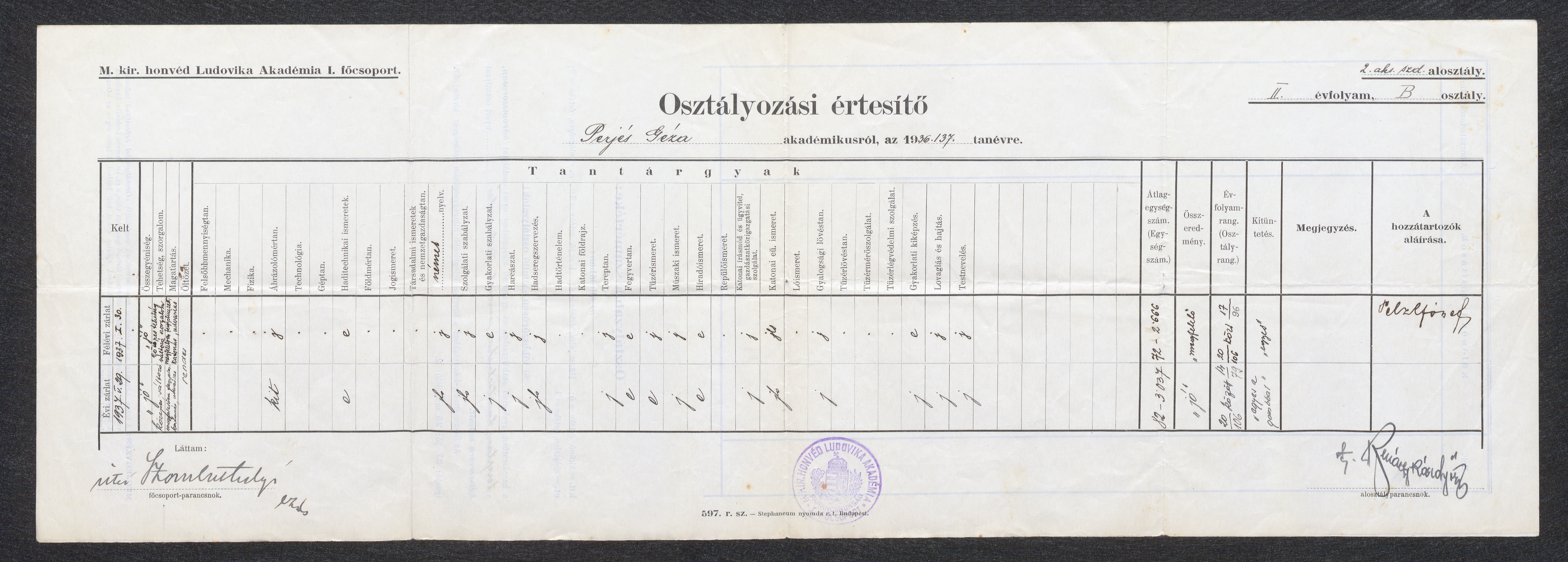 Osztályozási értesító Perjés Géza akadémikusról, az 1936/37. tanévre