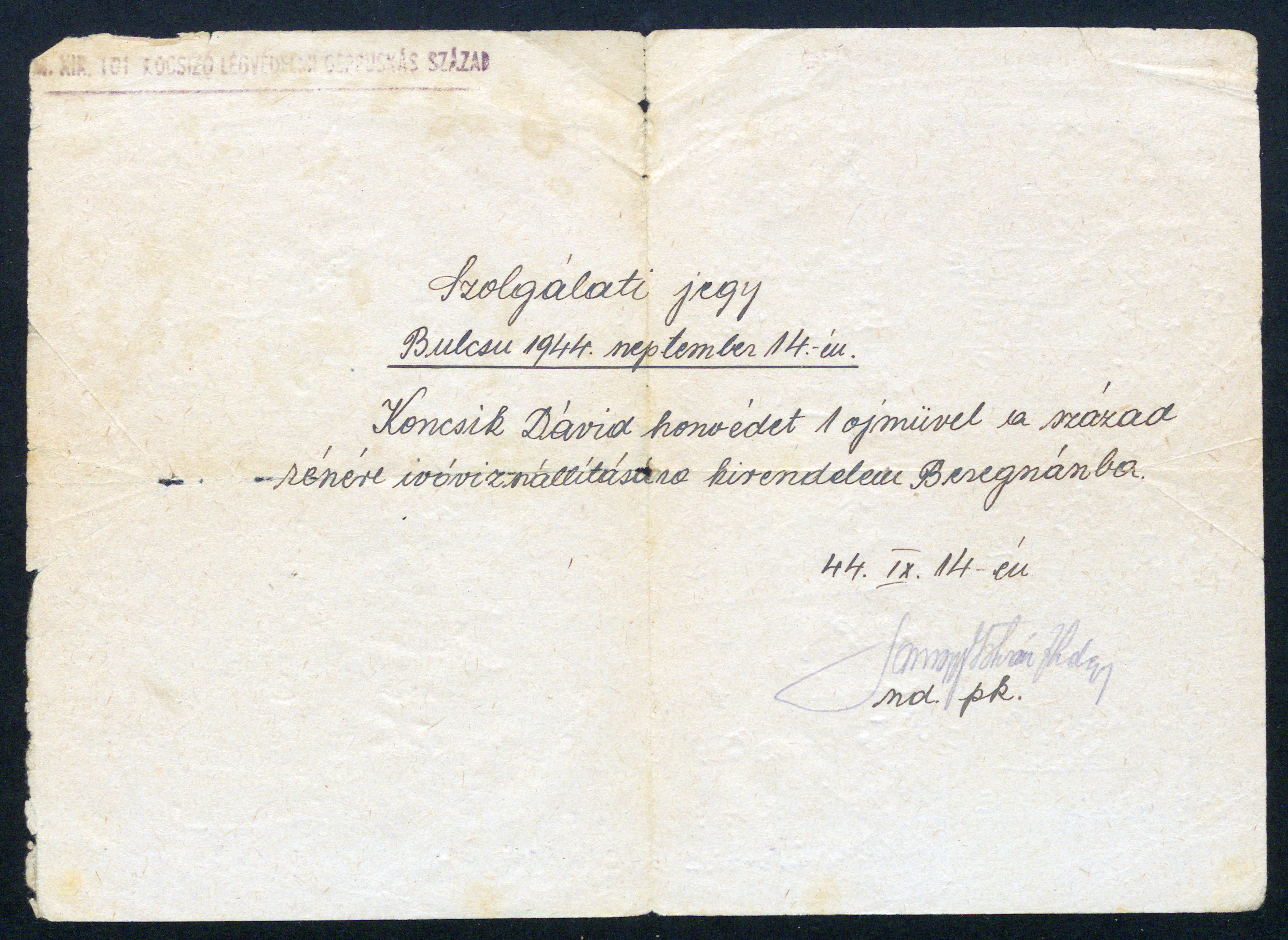 Szolgálati jegy, 1944. szeptember 14.