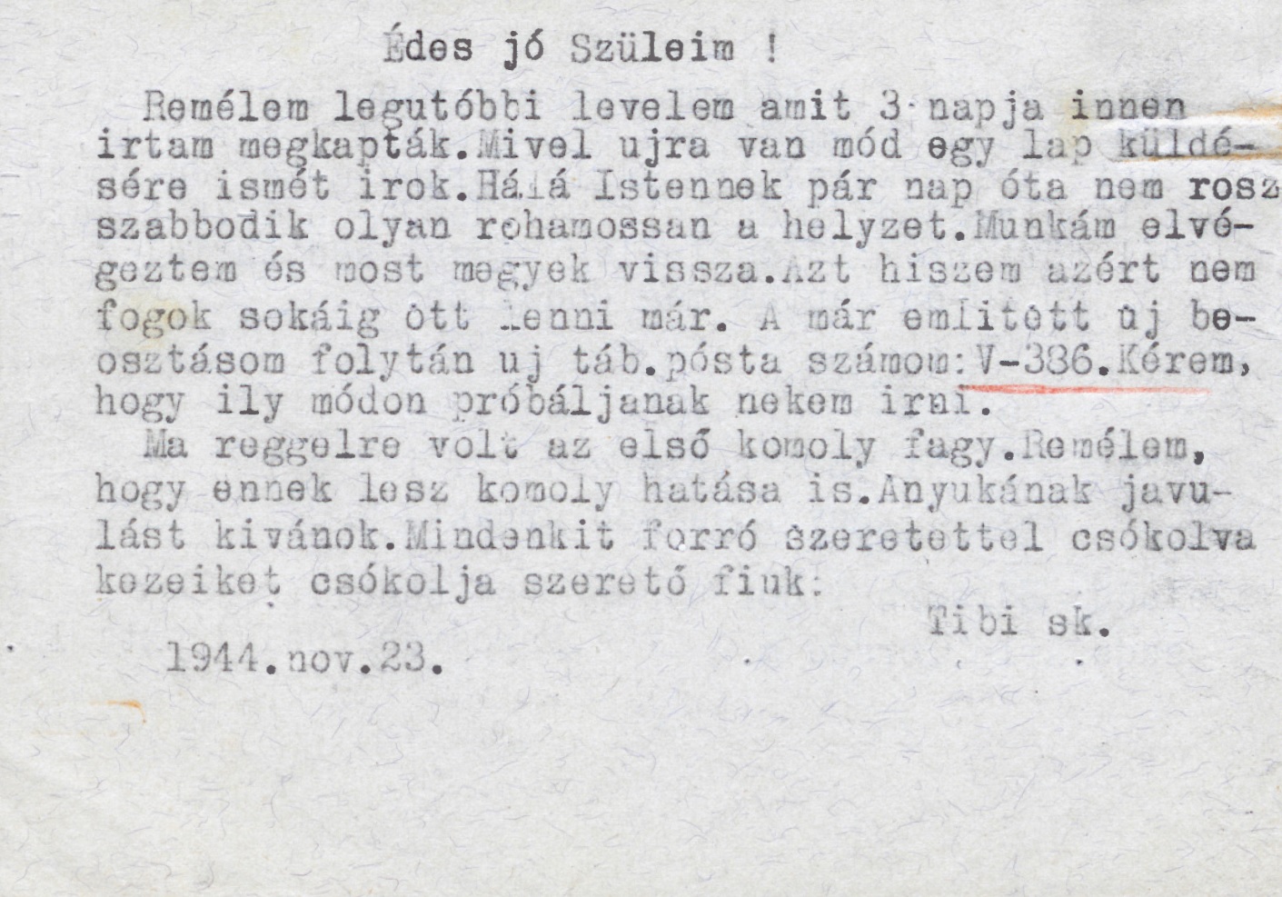 Eördögh Tibor, másolat levelezőlapról, 1944. november 23.