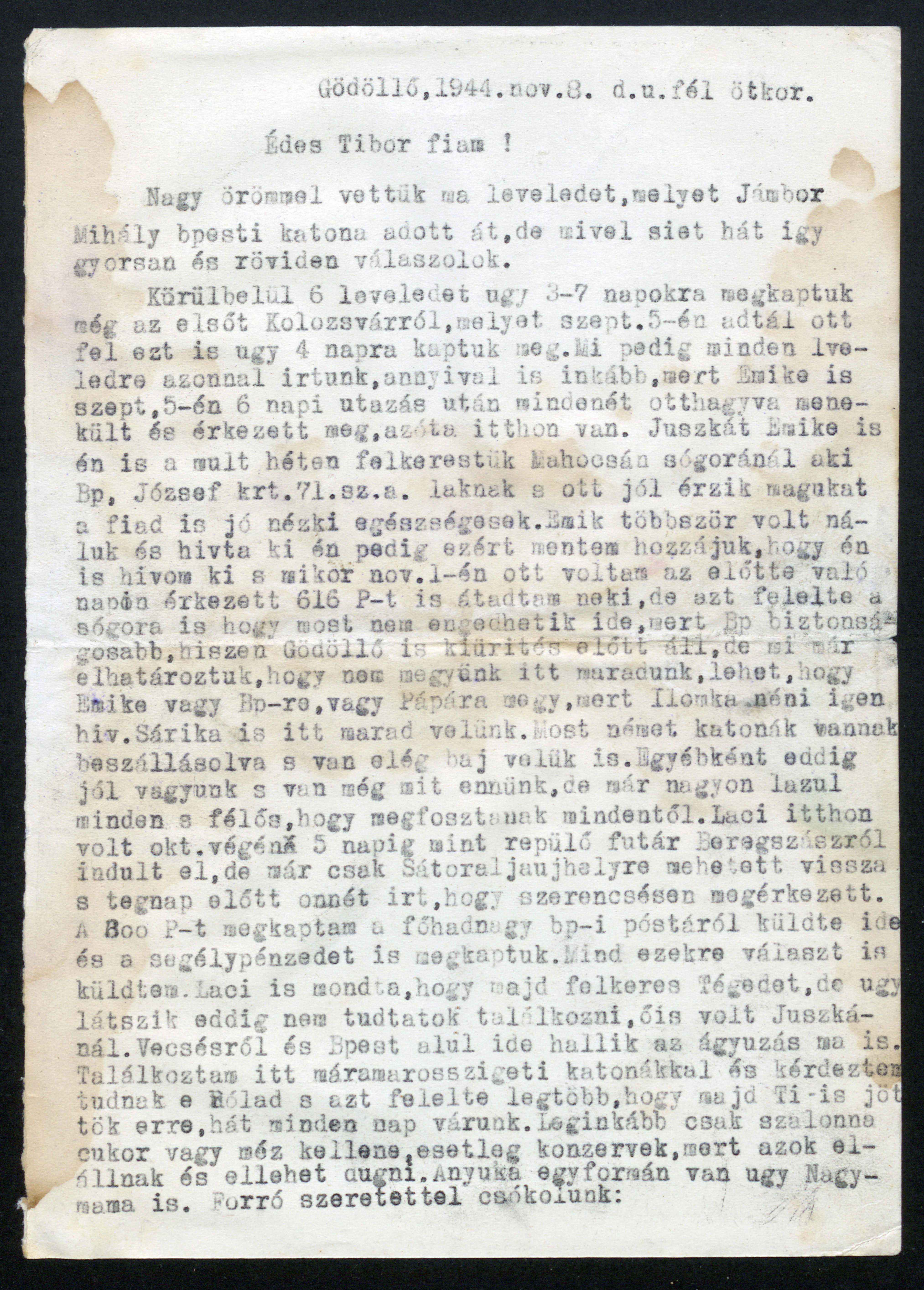Eördögh Tibor, levél, 1944. november 8.
