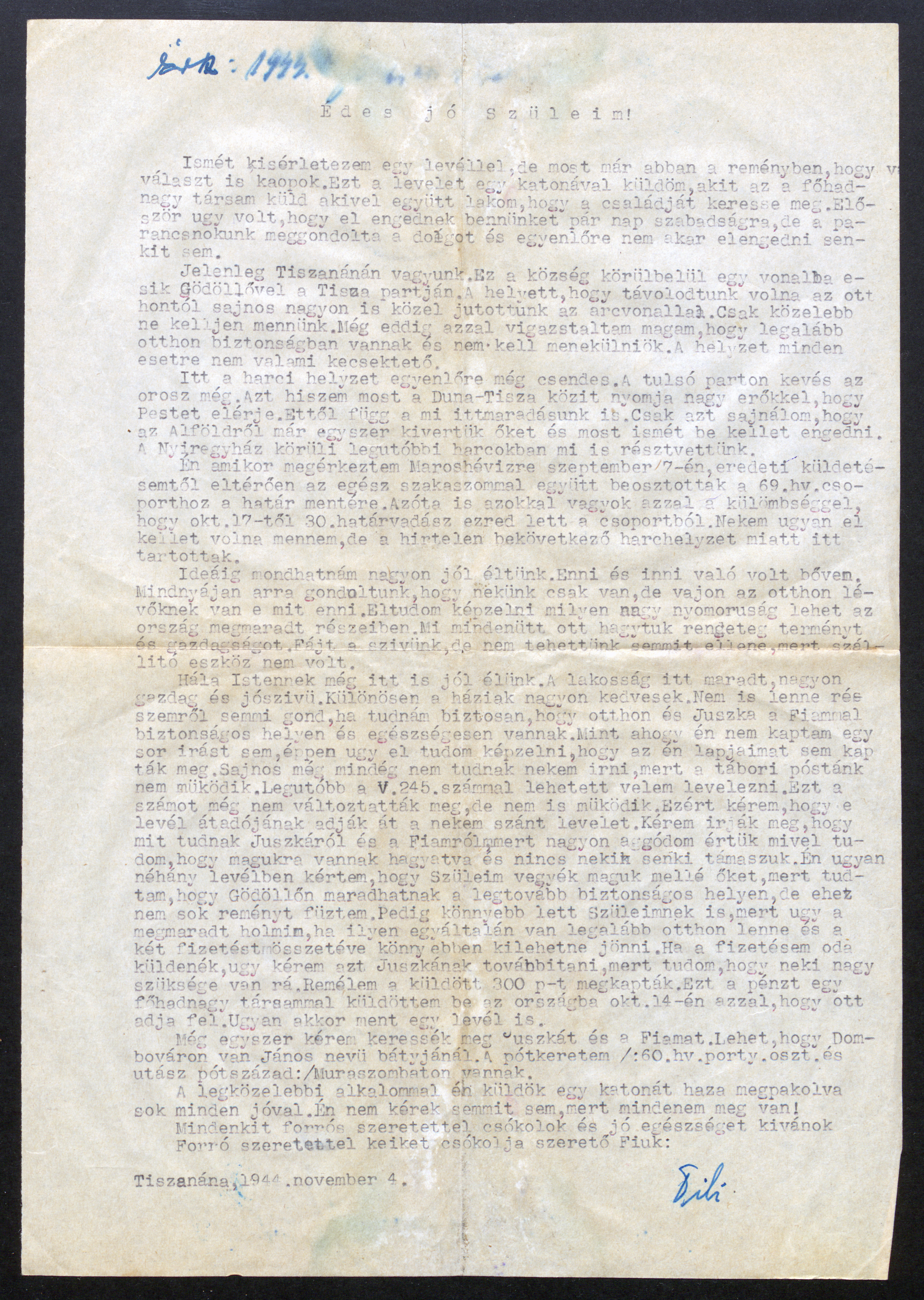 Eördögh Tibor, levél, 1944. november 4.