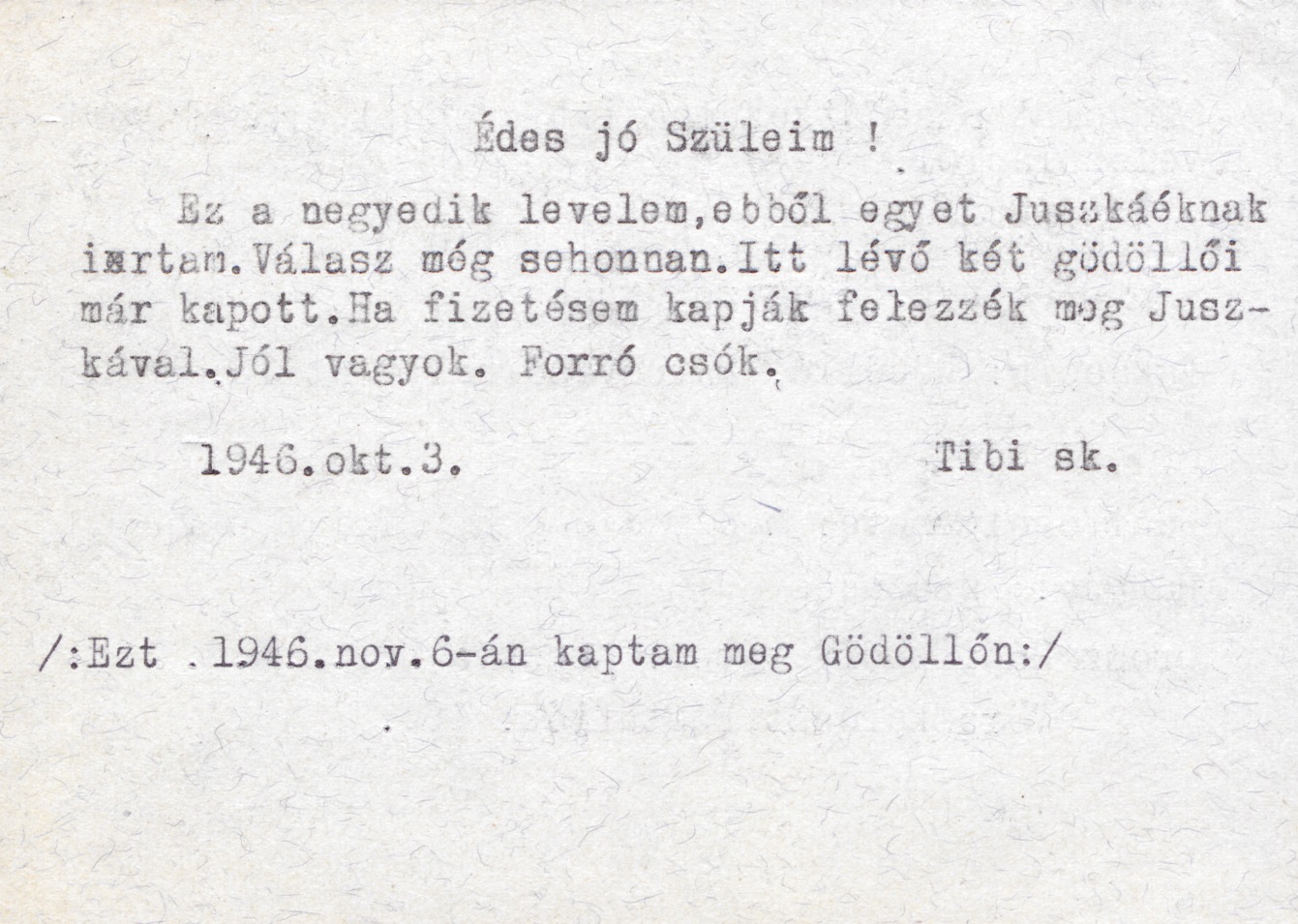Eördögh Tibor levele szüleihez, 1946. október 3.
