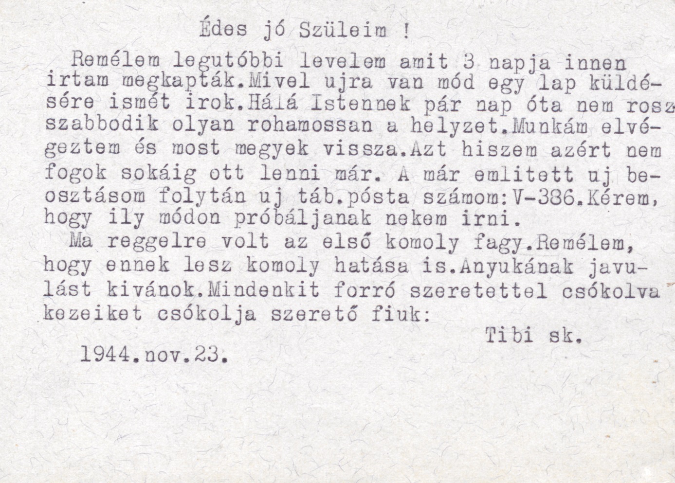 Eördögh Tibor levele szüleihez, 1946. november 23.