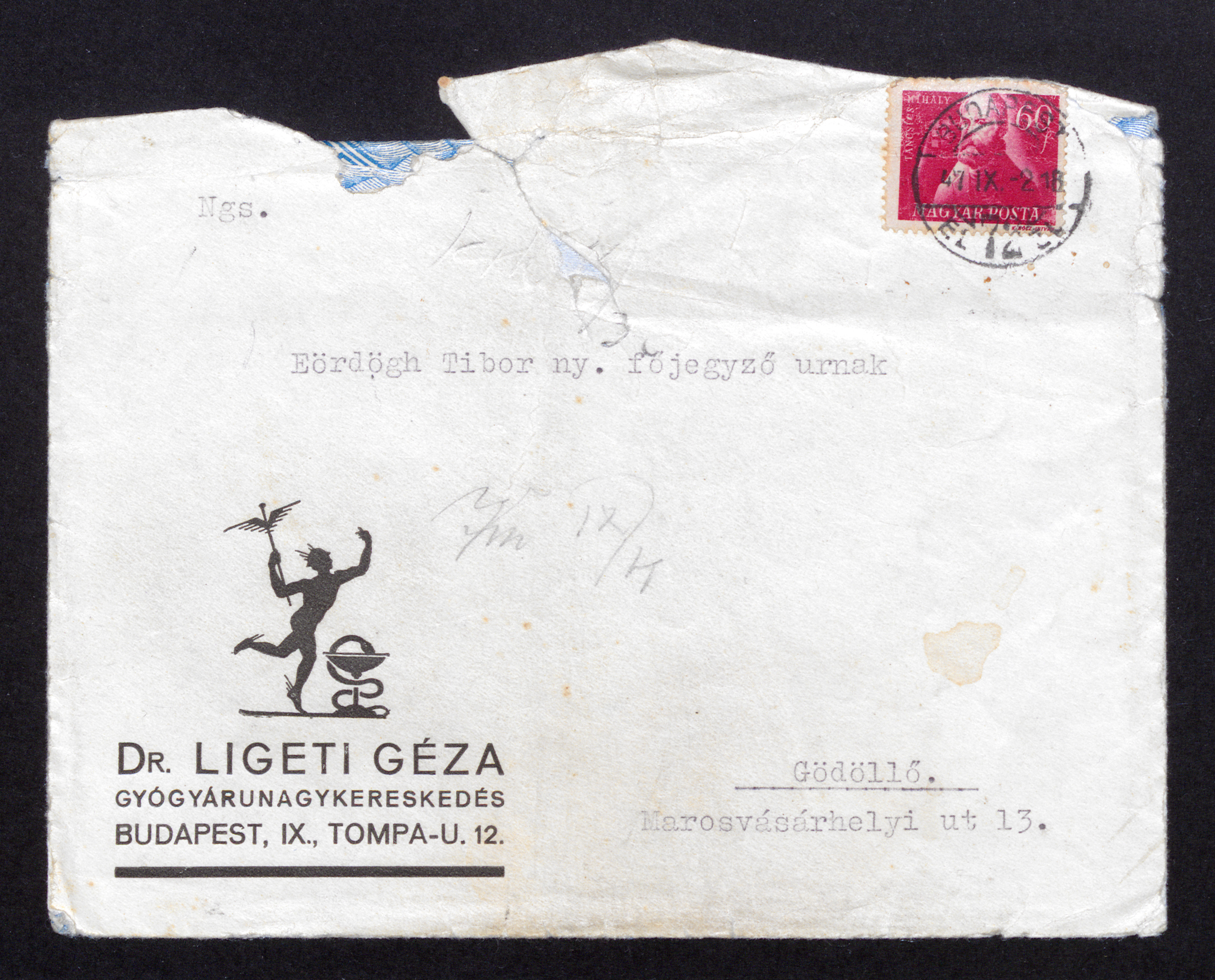 Dr. Ligeti Géza levele Eördögh Tibor nyugalmazott köszségi főjegyzőnek, postai boríték