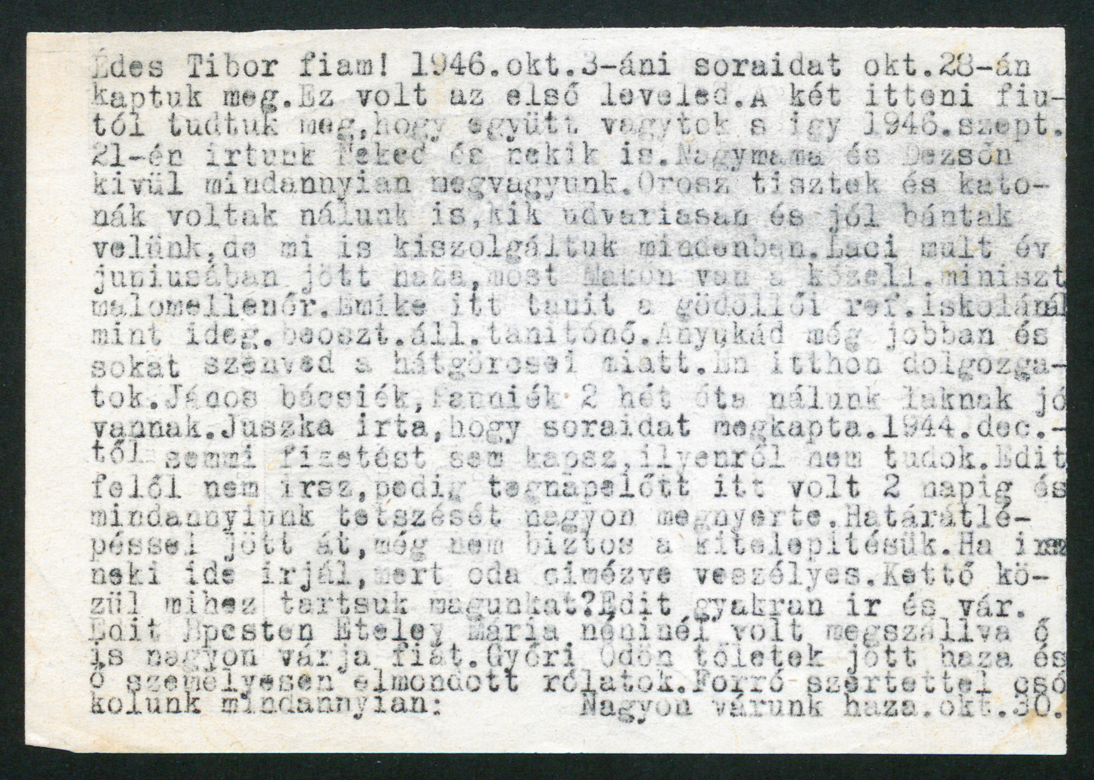 Eördögh Tibor nyugalmazott főjegyző levele fiához, Eördögh Tiborhoz, 1946. október 30.