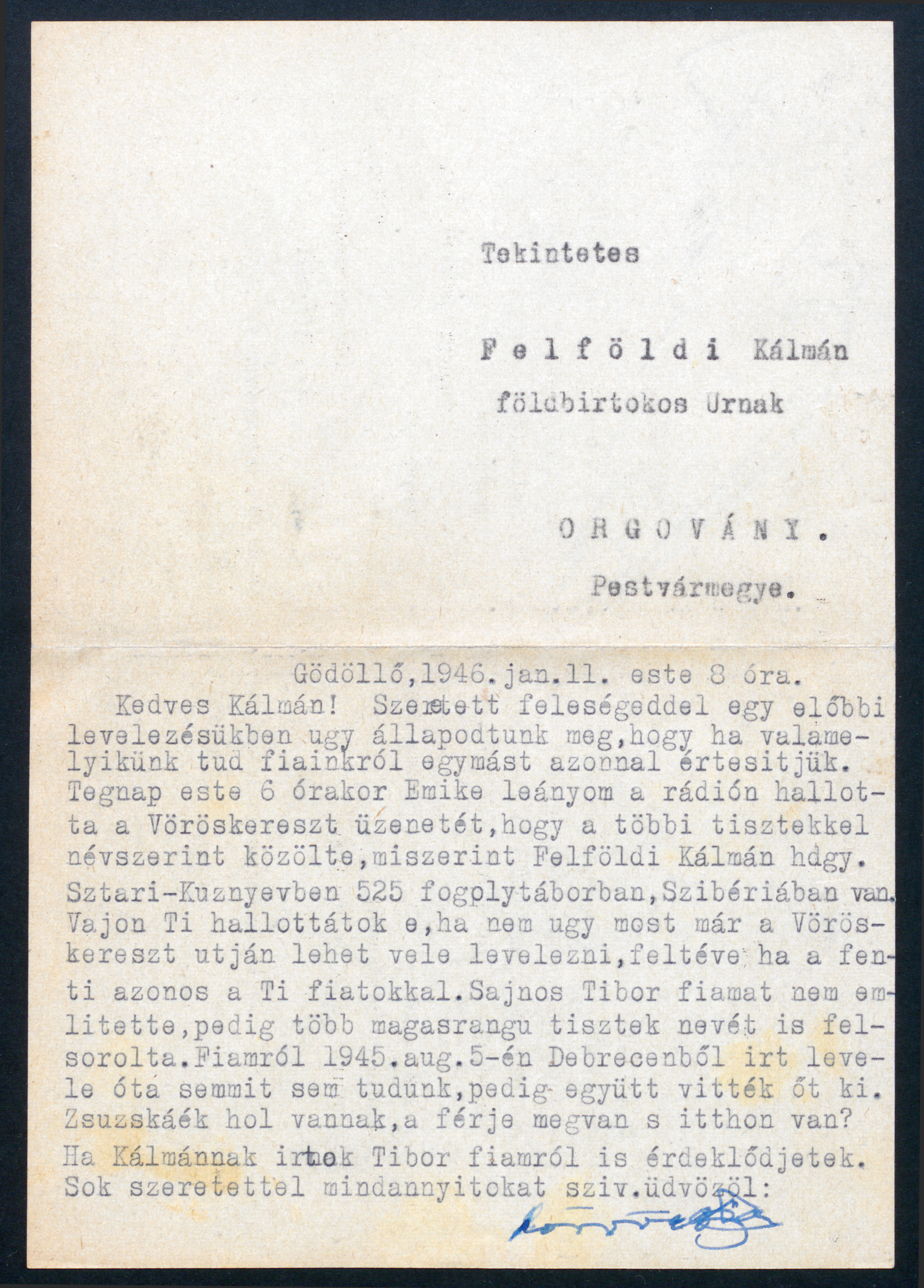 Eördögh Tibor levele Felföldi Kálmán földbirtokos úrnak, 1946. január 11.