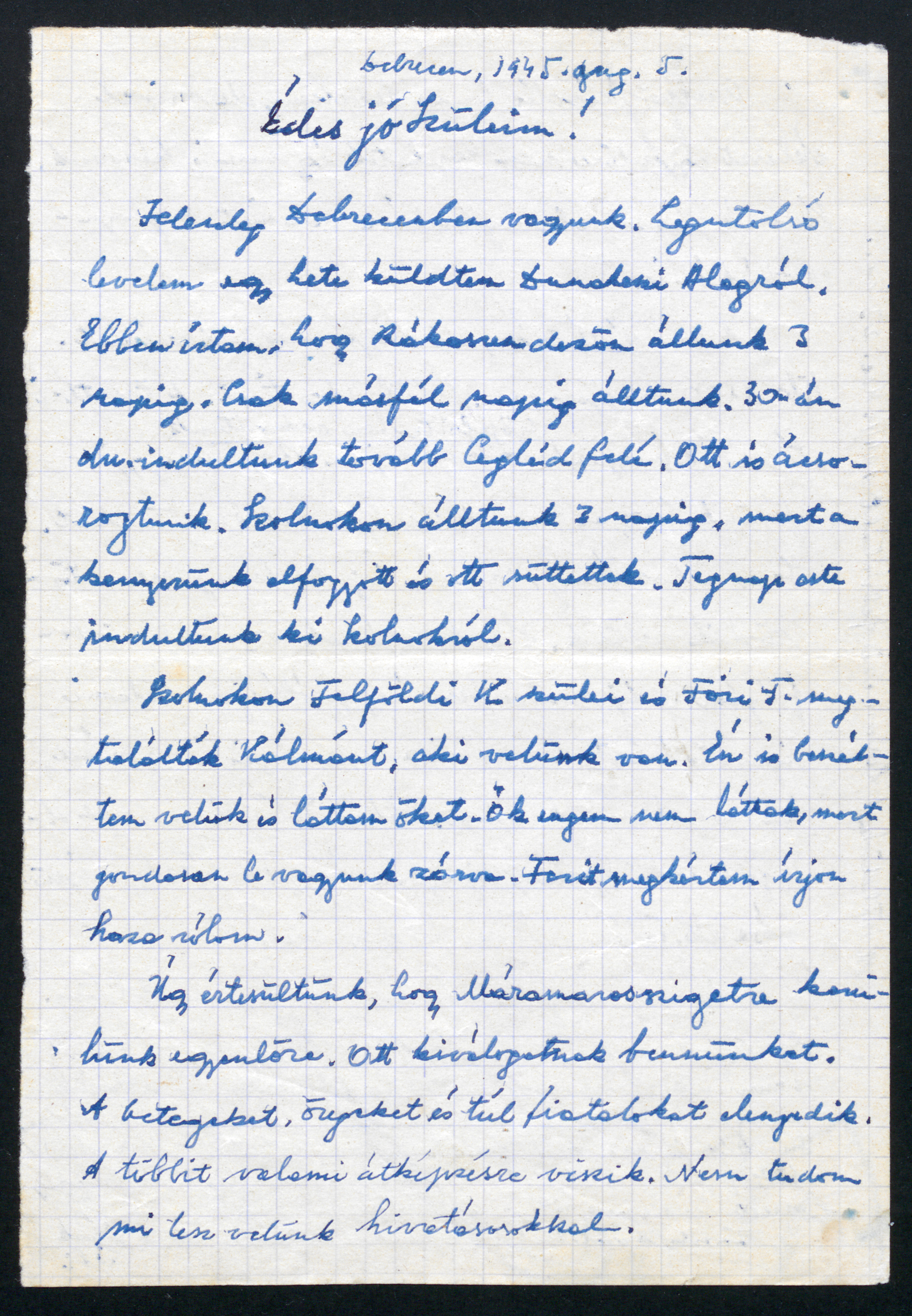 Eördögh Tibor levele szüleinek, Debrecen, 1945. augusztus 5.