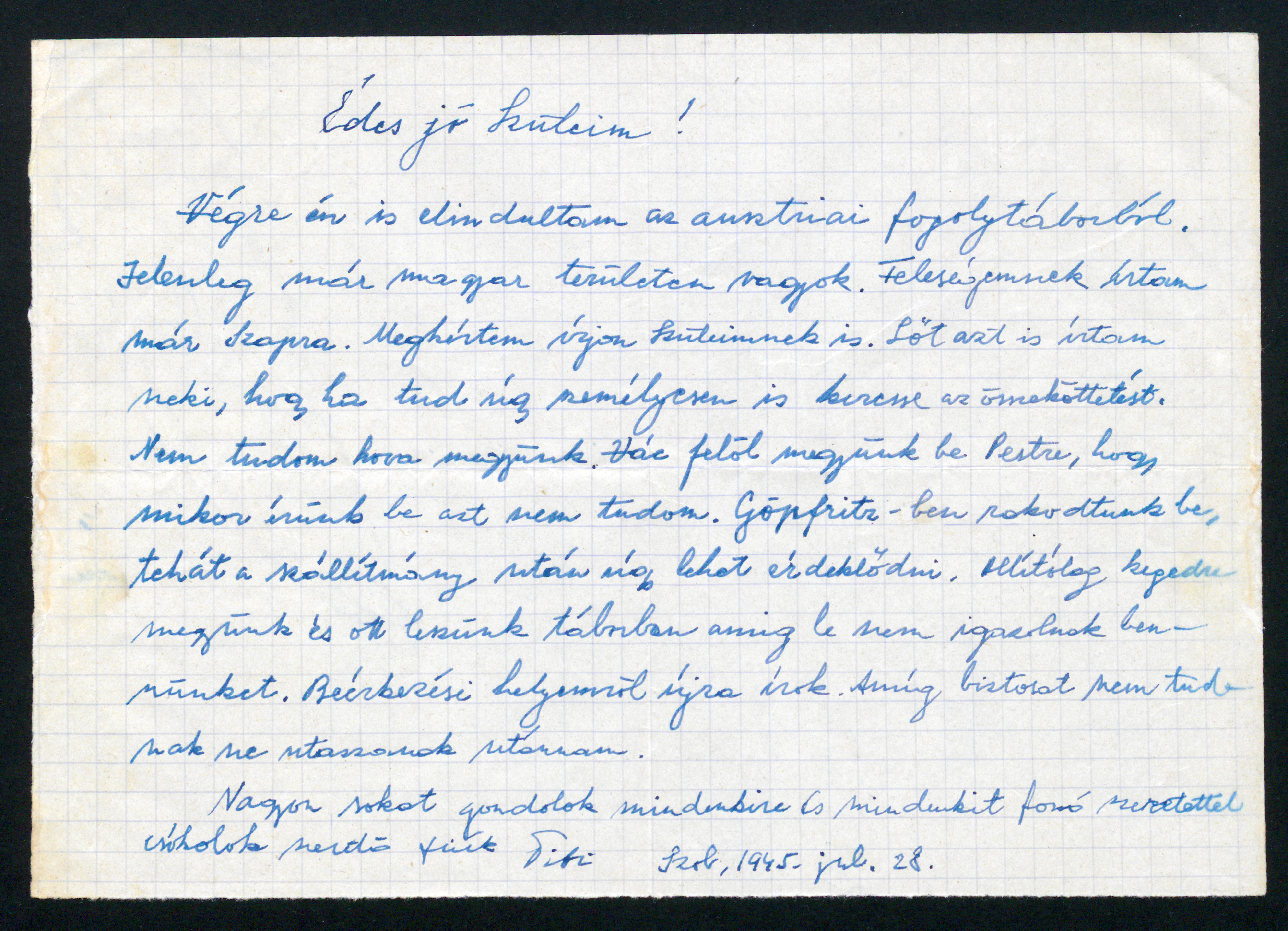 Eördögh Tibor levele szüleinek, Szob, 1945. július 28.