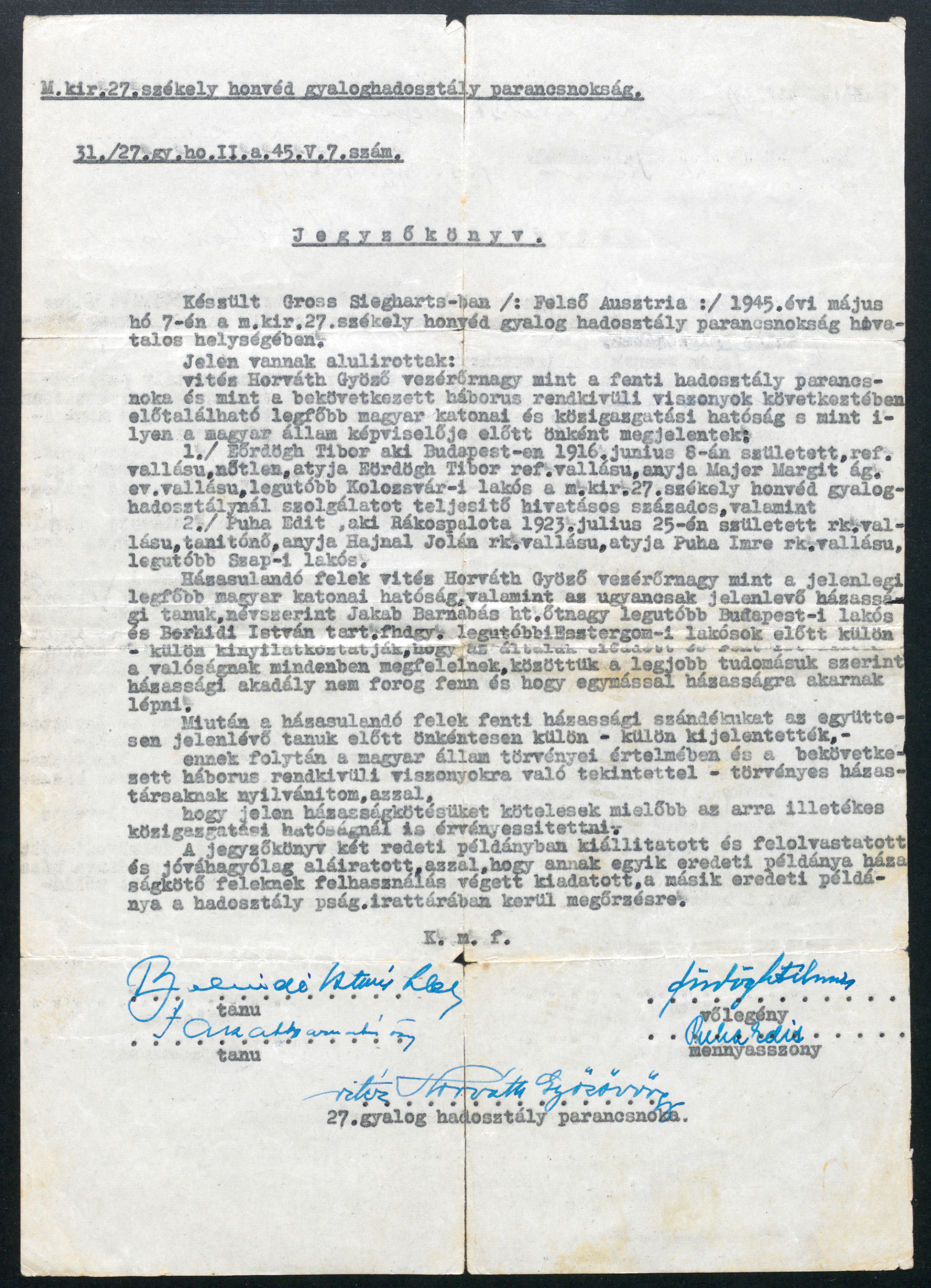 Eördögh Tibor házassági jegyzőkönyve, 1945. május 7.