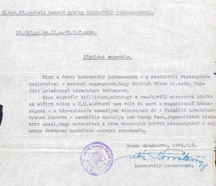 Eördögh Tibor nősülési engedély, 1945. május 7.