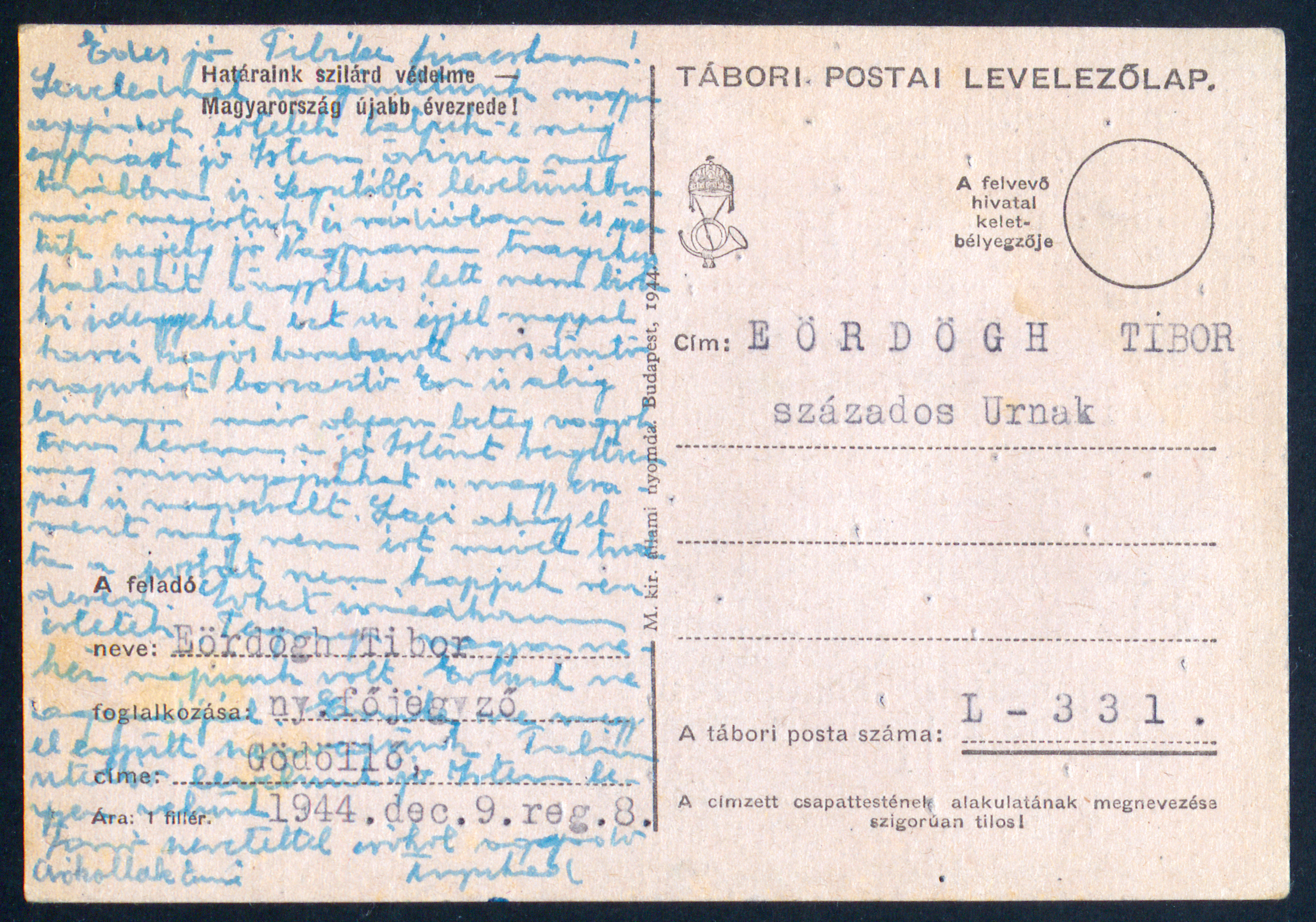 Tábori postai levelezőlap (L - 331), Eördögh Tibor százados úrnak, 1944. december 9.