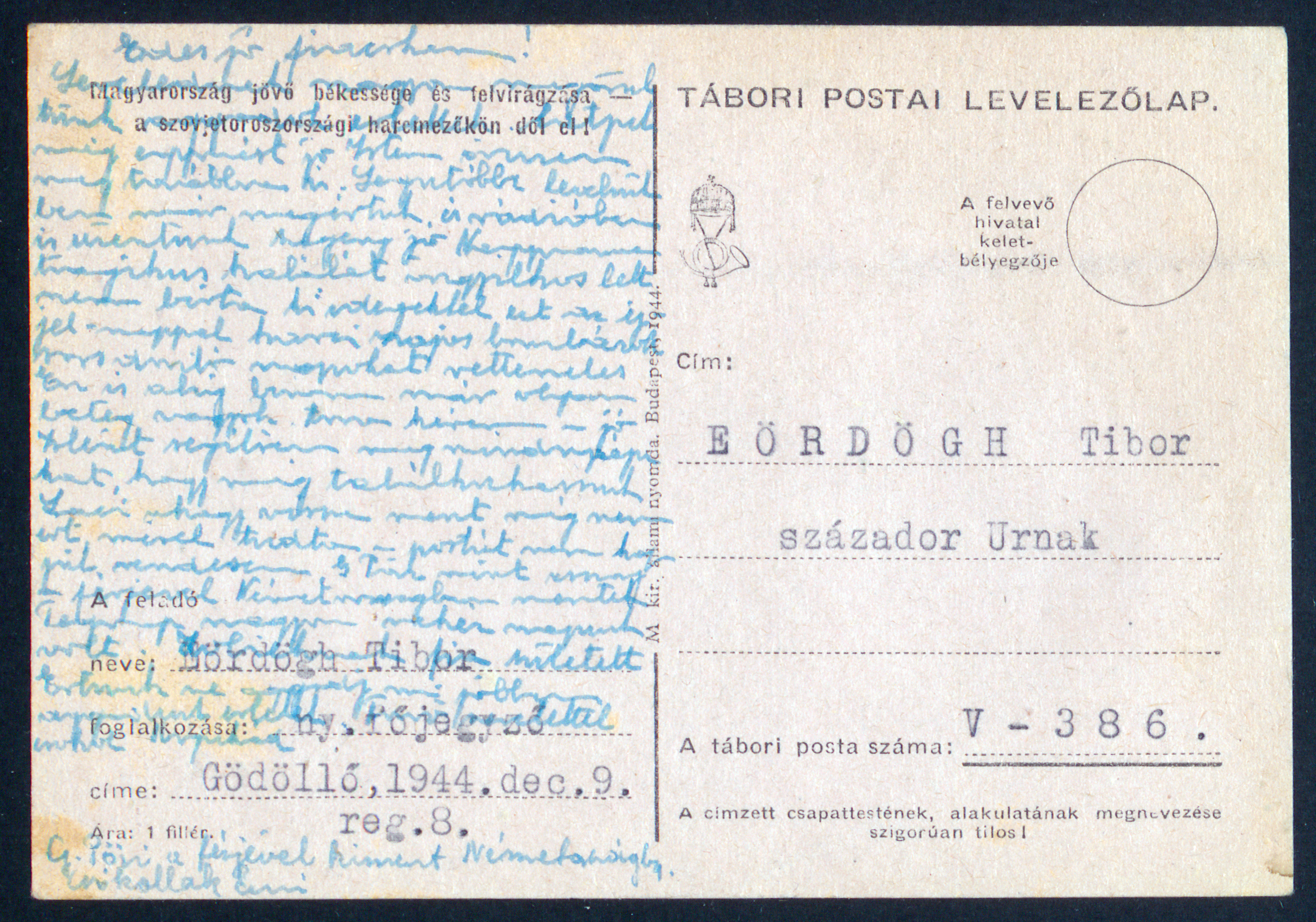 Tábori postai levelezőlap (V - 386), Eördögh Tibor százados úrnak, 1944. december 9.