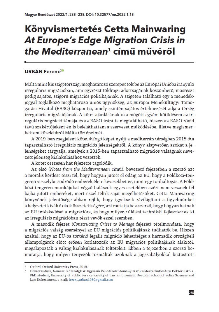 Könyvismertetés Cetta Mainwaring At Europe’s Edge Migration Crisis in the Mediterranean című művéről