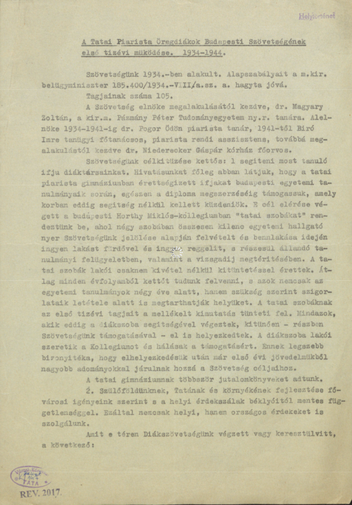 A Tatai Piarista Öregdiákok Budapesti Szövetségének első tízévi működése 1934-1944