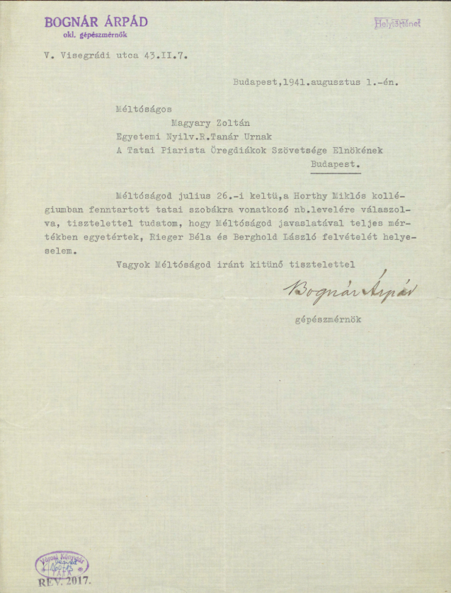 Bognár Árpád levele Magyary Zoltánnak