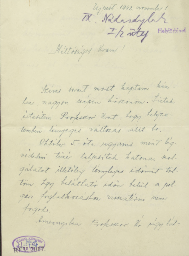 Mészáros Tibor levele Magyary Zoltánnak a katonaként