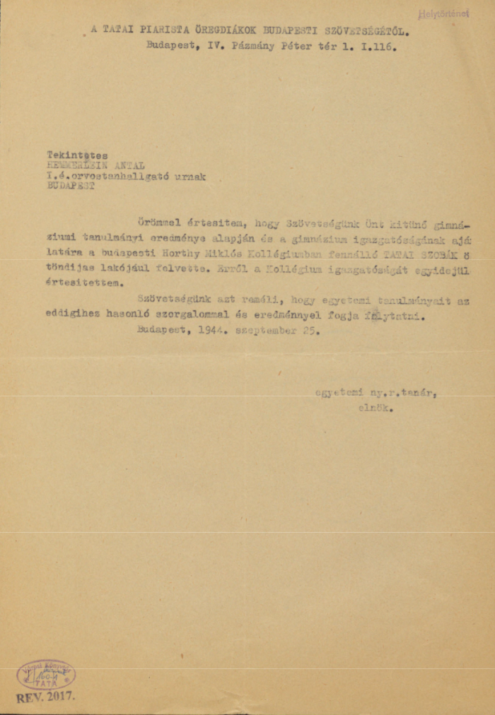 A Tatai Piarista Öregdiákok Szövetségének levele Hemmerlein Antalnak a Tatai Szobák-beli kollégiumi elhelyezéséről