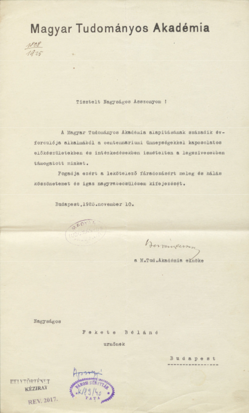 Berzeviczy Albert, a Magyar Tudományos Akadémia elnöke levele Fekete Bélánénak