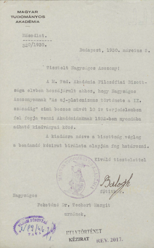 A Magyar Tudományos Akadémia Feketéné Dr. Techert Margitnak szóló levelének másodlata
