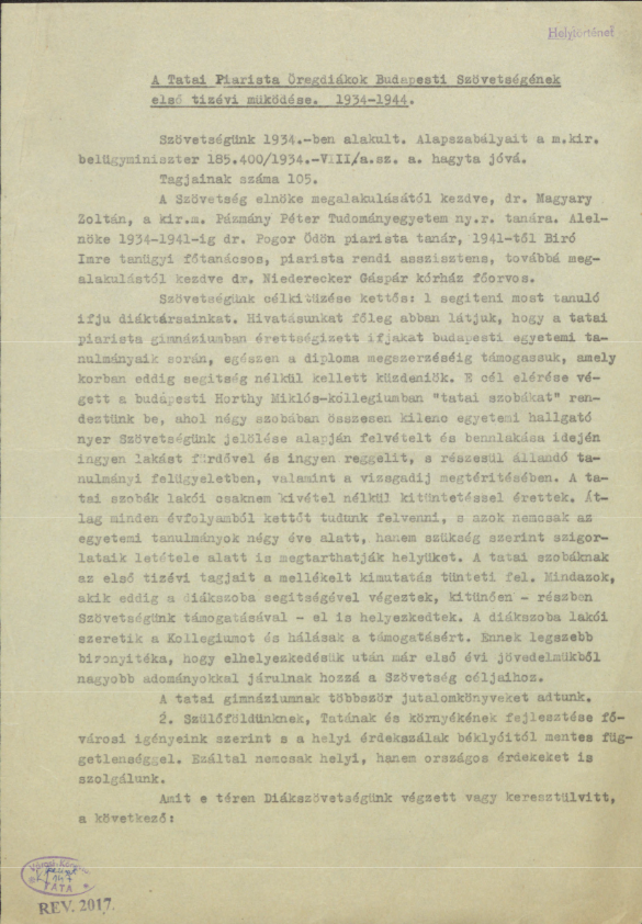 A Tatai Piarista Öregdiákok Budapesti Szövetségének első tízévi működése 1934-1944