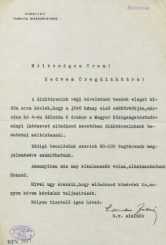 A Budapesti Piarista Diákszövetség alelnökének levele Magyary Zoltánnak