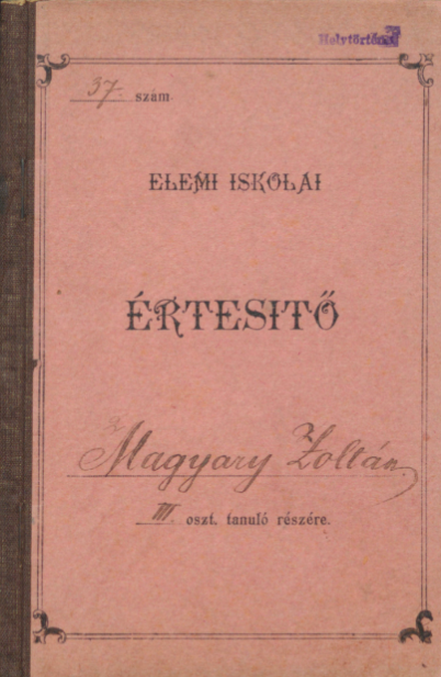 Magyary Zoltán elemi népiskolai III. osztályos értesítője az 1896