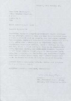 Pattantyús-Ábrahám Ádámné levele a Móricz Zsigmond könyvtárnak az általuk adományozott Magyary Zoltán anyaggal kapcsolatban