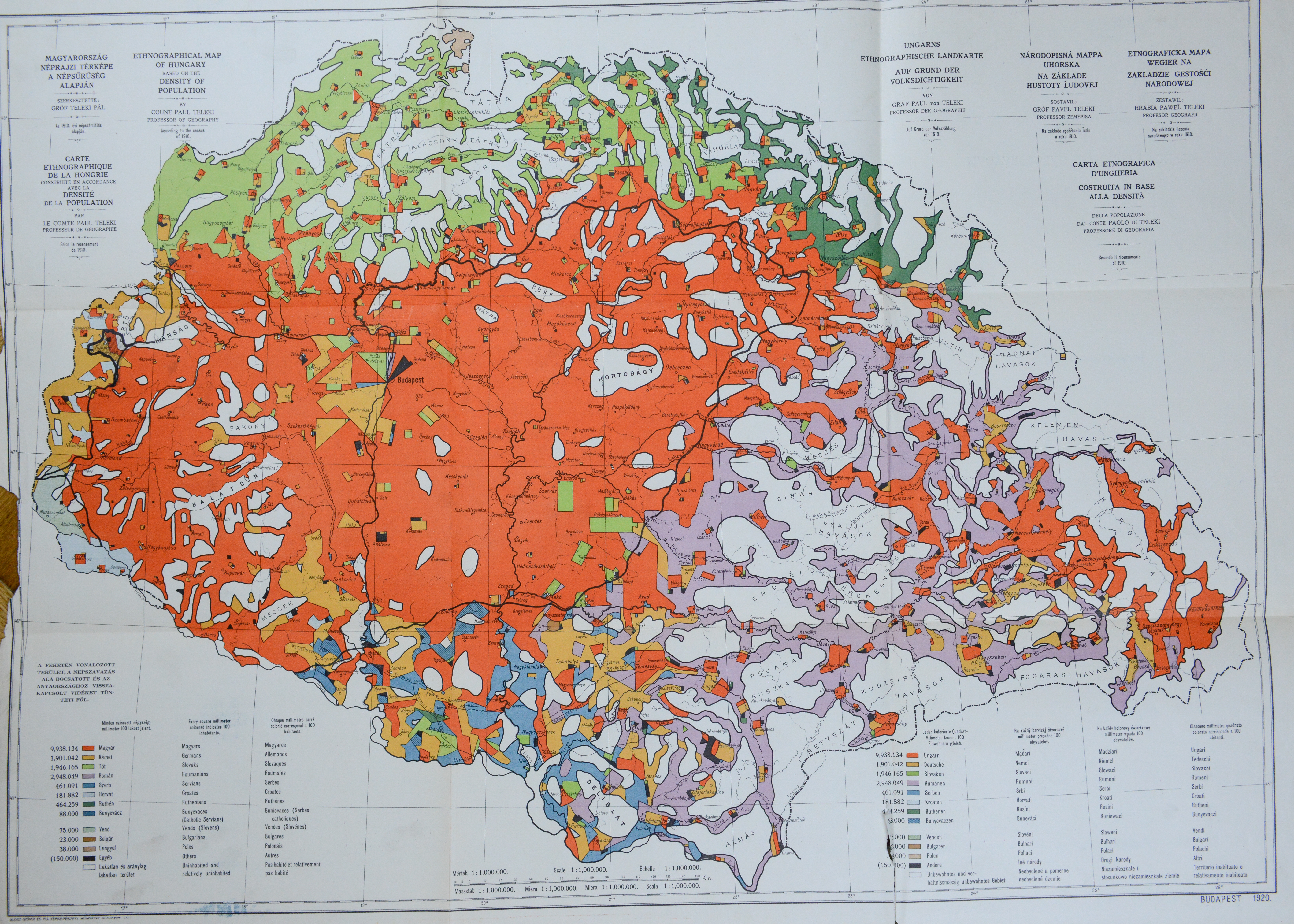 Magyarország néprajzi térképe  (francia, angol, német, szlovák, román, lengyel nyelven)