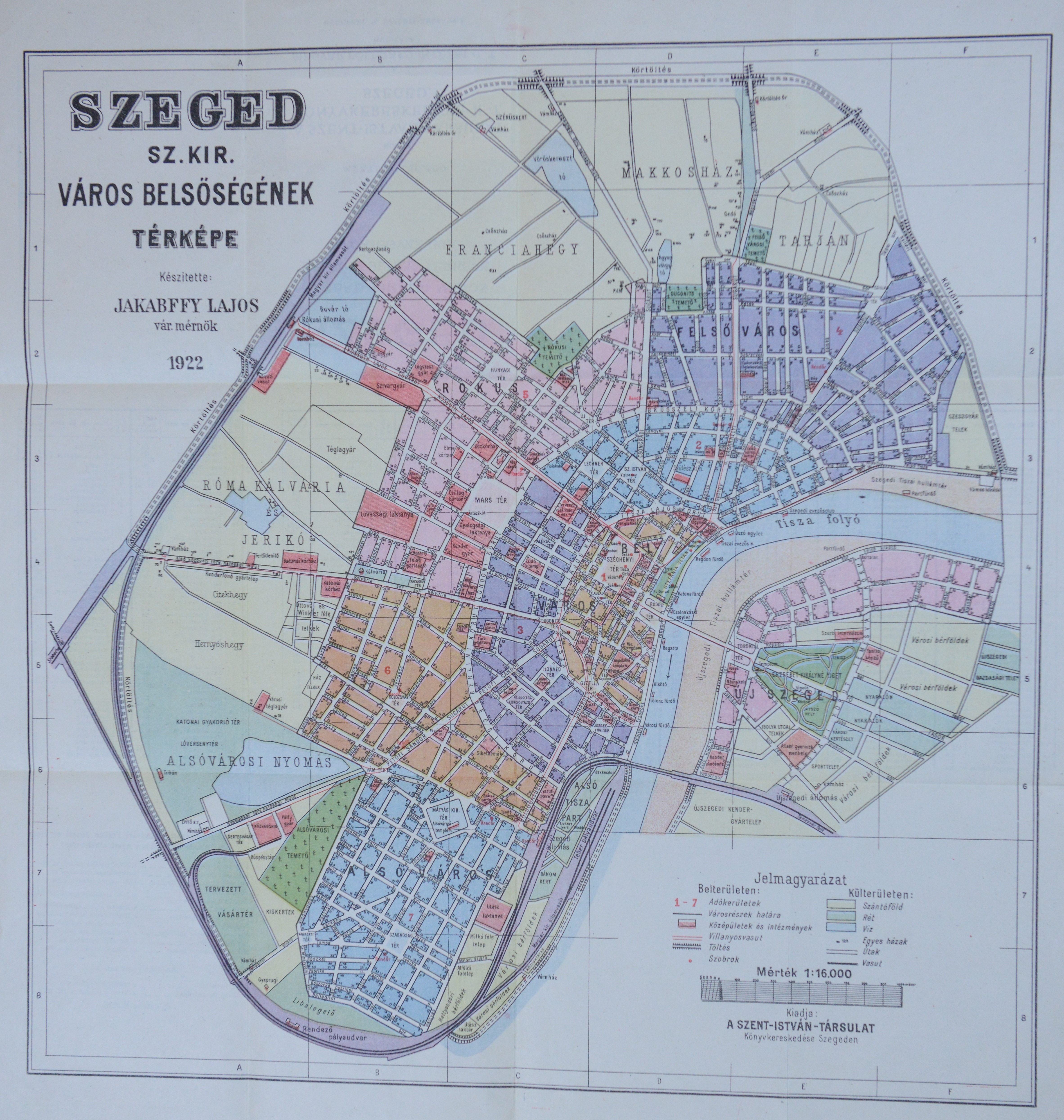 Szeged város belsőségének térképe utcajegyzékkel