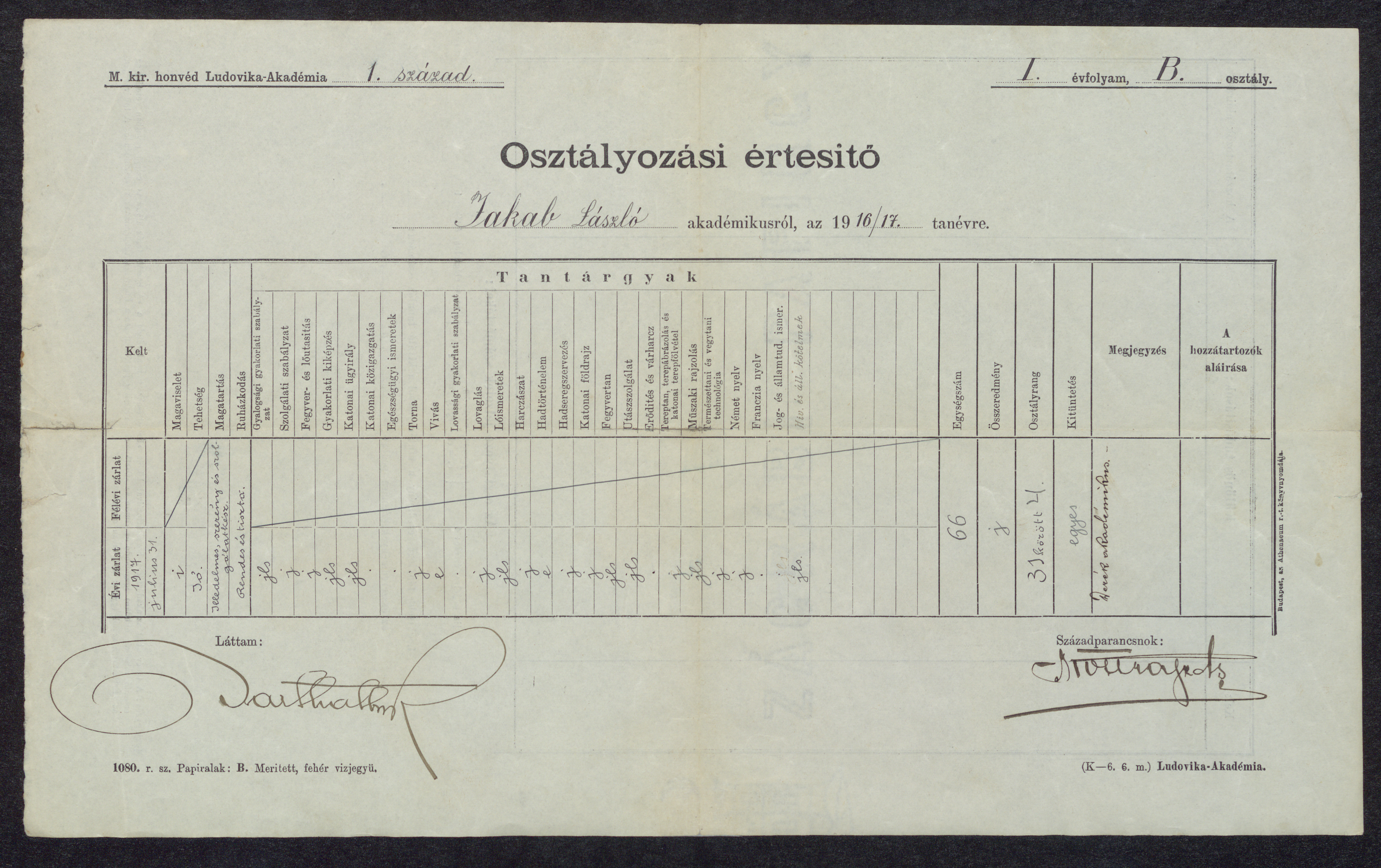 Osztályozási értesítő Jakab László akadémikusról, az 1916/17. tanévre