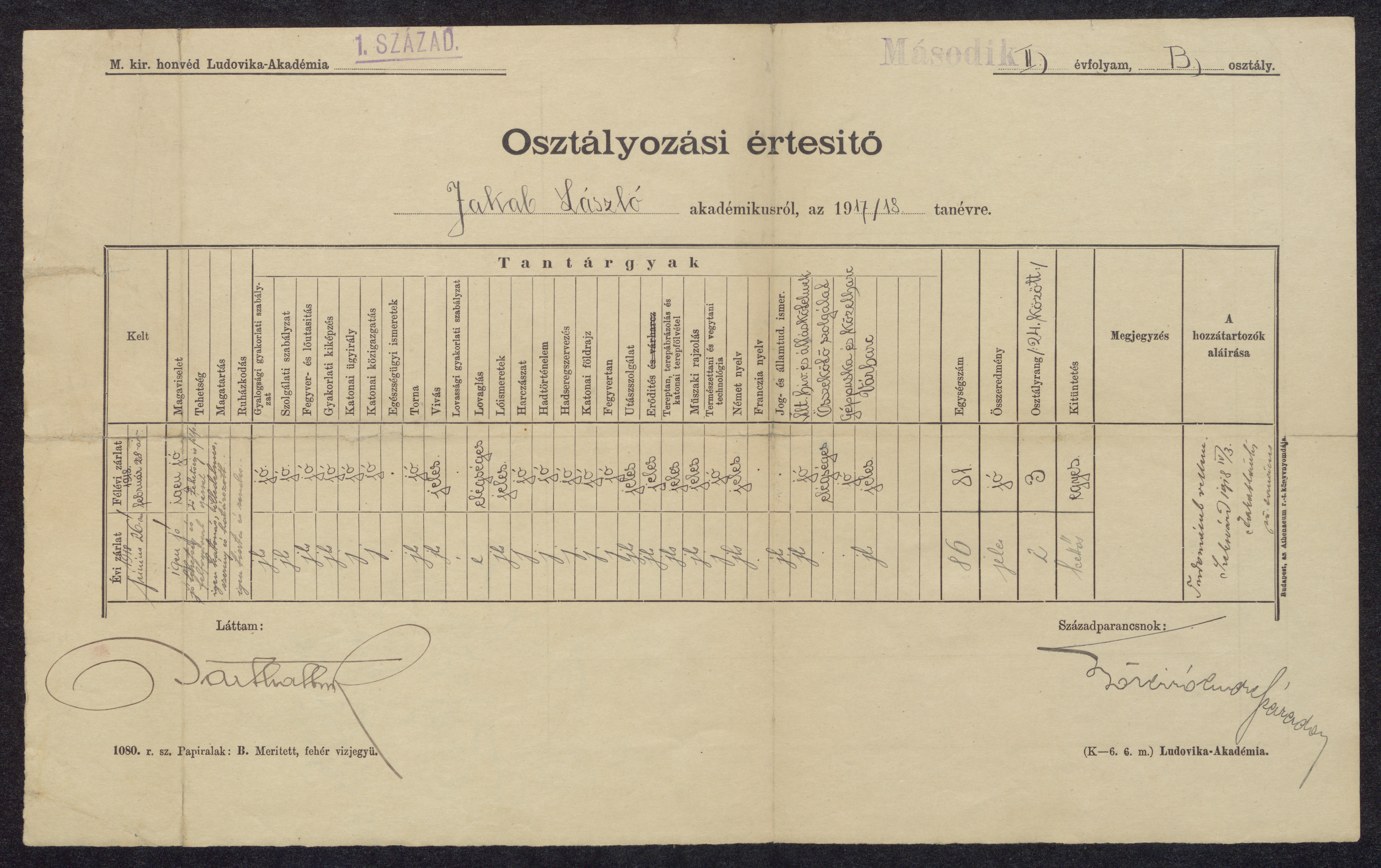 Osztályozási értesító Jakab László akadémikusról, az 1917/18. tanévre
