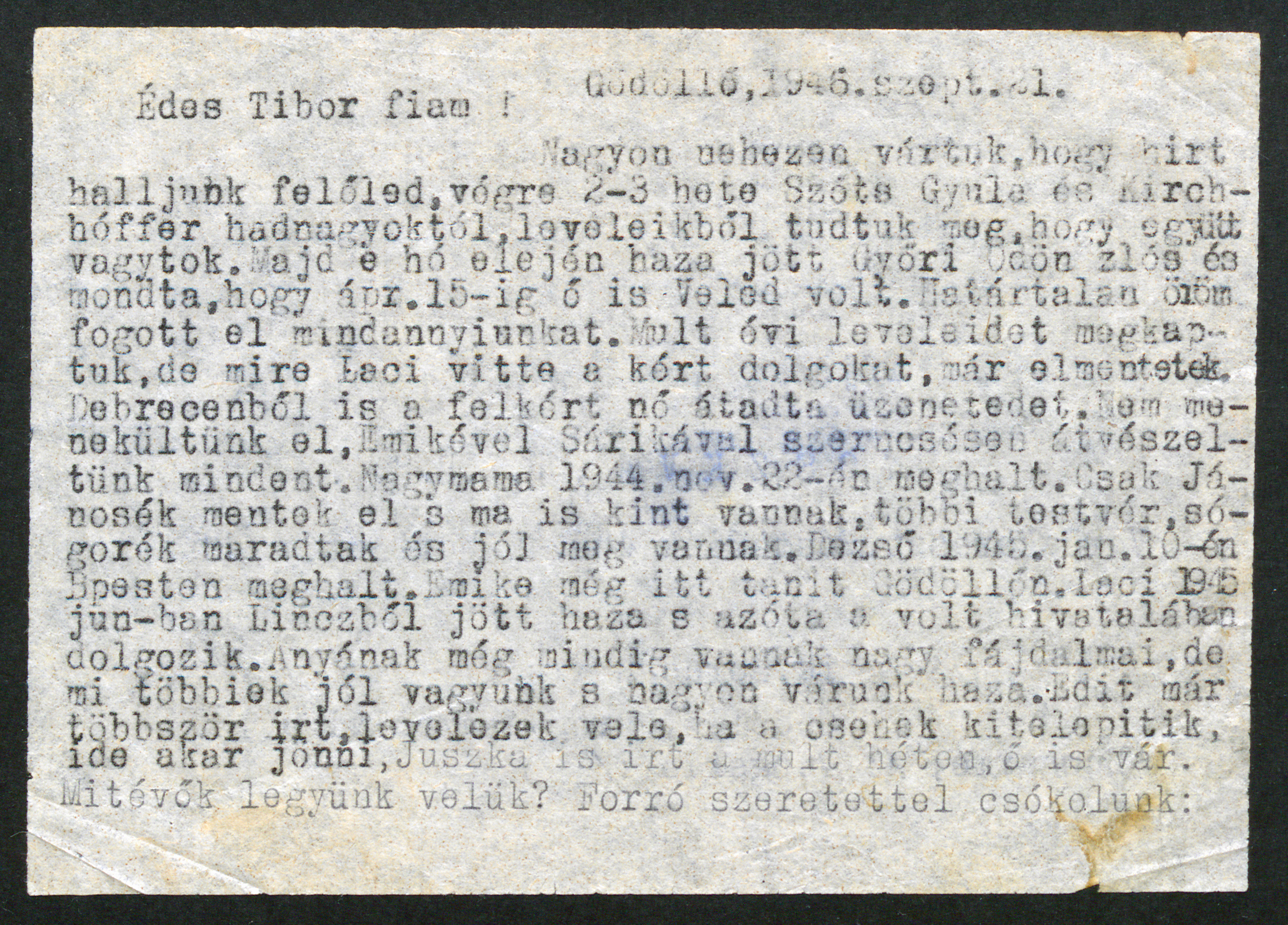 Eördögh Tibor nyugalmazott főjegyző levele fiához, Eördögh Tiborhoz, 1946. szeptember 21.