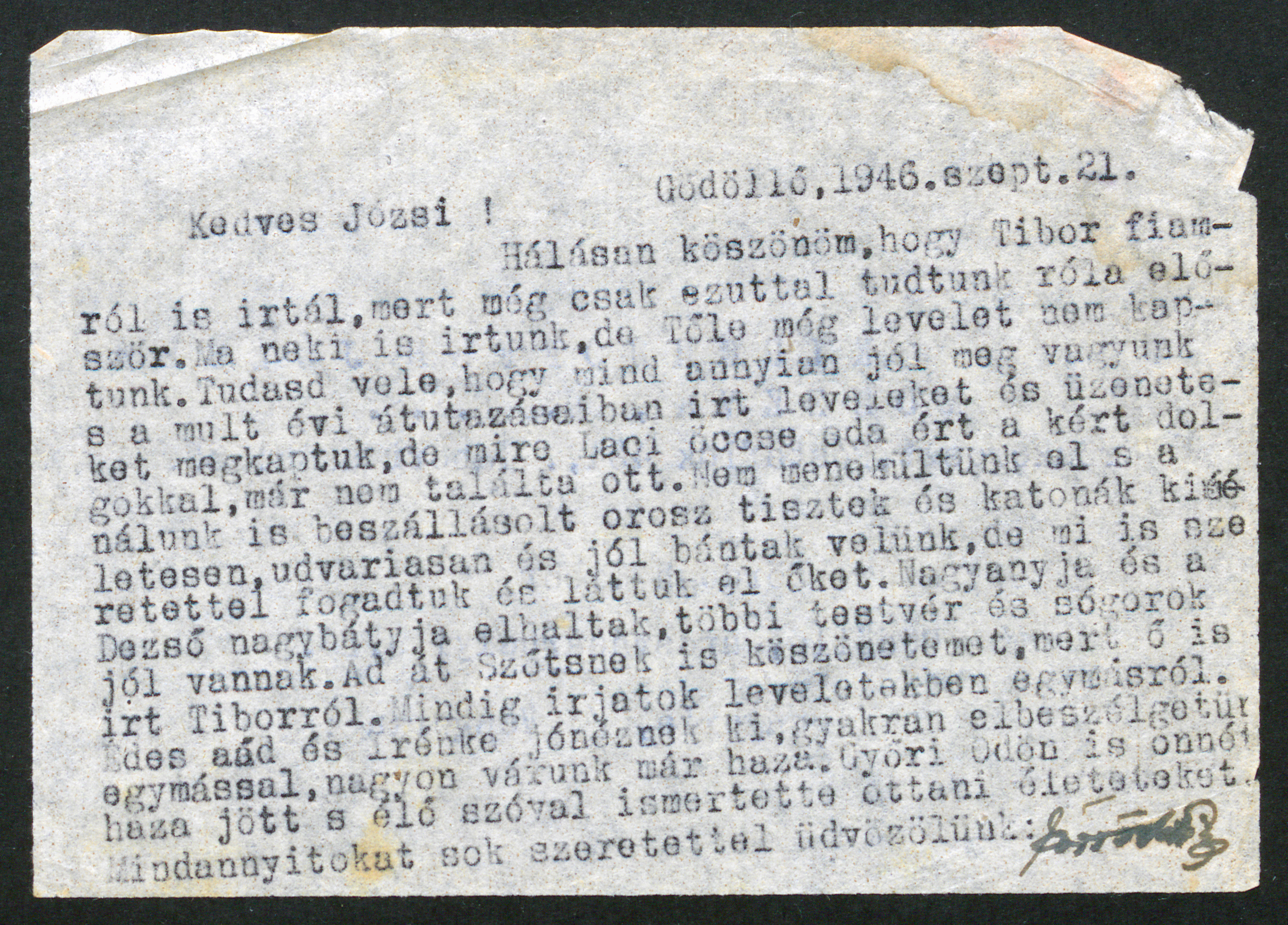 Eördögh Tibor nyugalmazott főjegyző levele, 1946. szeptember 21.