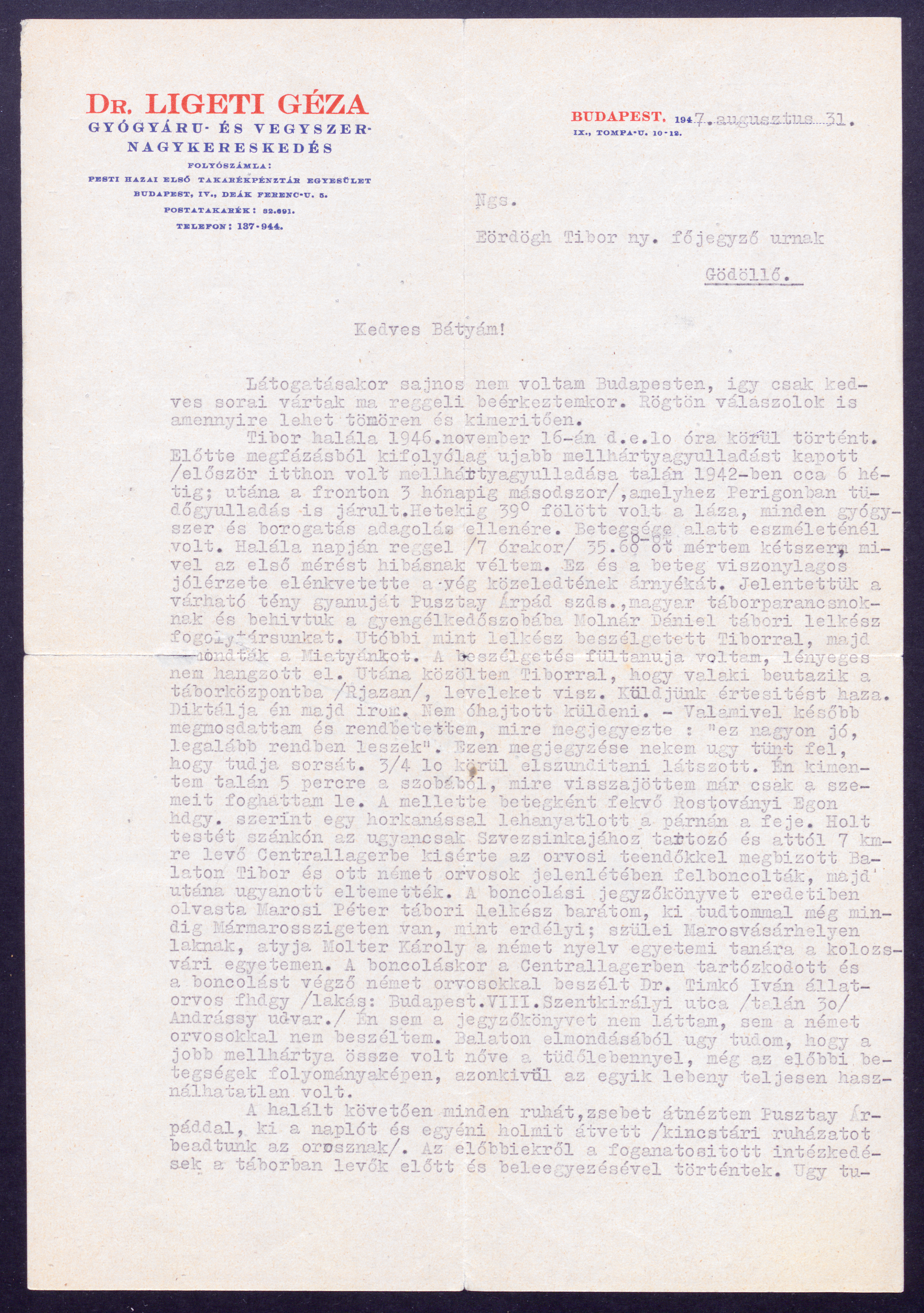 Dr. Ligeti Géza levele Eördögh Tibor nyugalmazott főjegyző úrnak, 1947. augusztus 31.