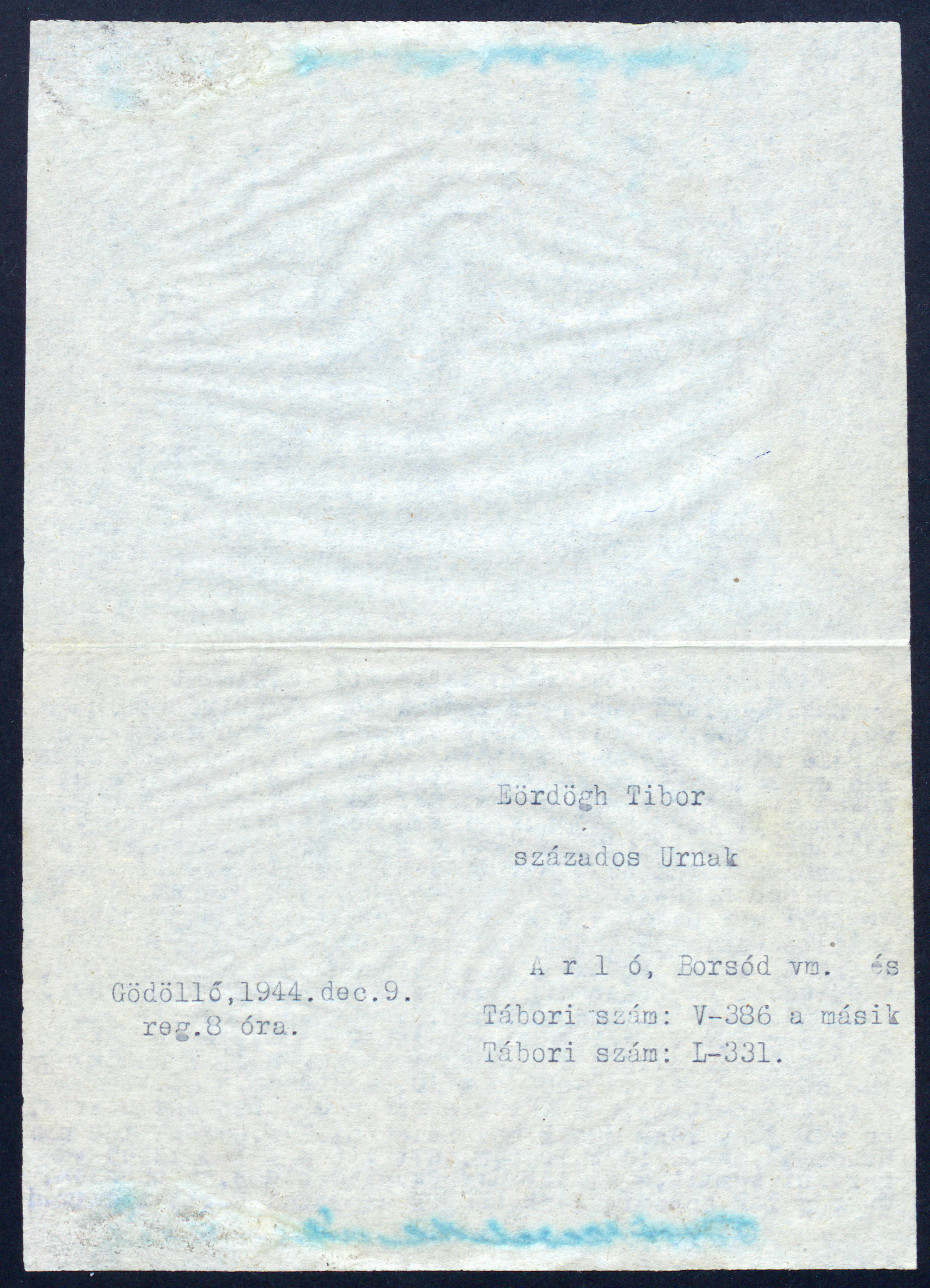 Tábori postai levelezőlap (V - 386), [gépelt] Eördögh Tibor százados úrnak, 1944. december 9.