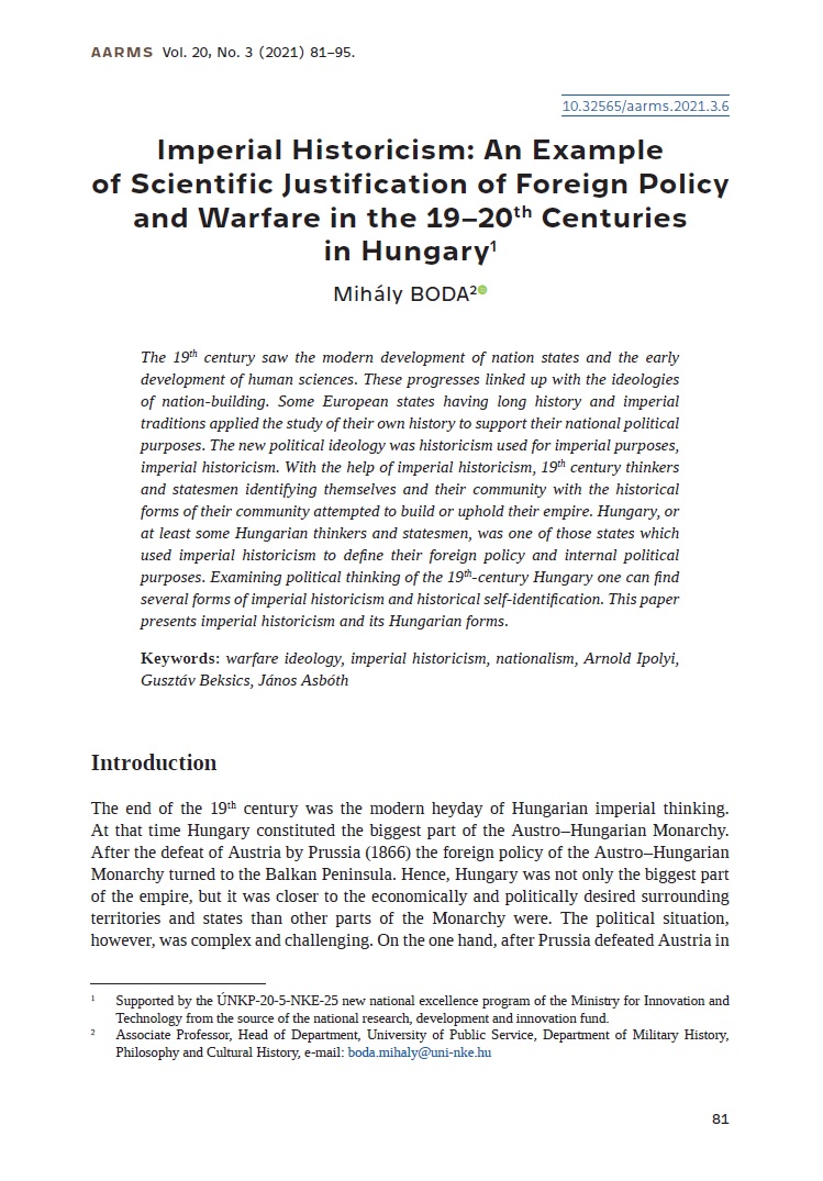 Imperial Historicism: An Example of Scientific Justification of Foreign Policy and Warfare in the 19–20th Centuries in Hungary