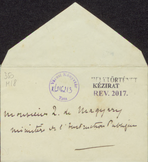 François de Carbonnel miniszter névjegye kézírásos jegyzetekkel Magyary Zoltánnak